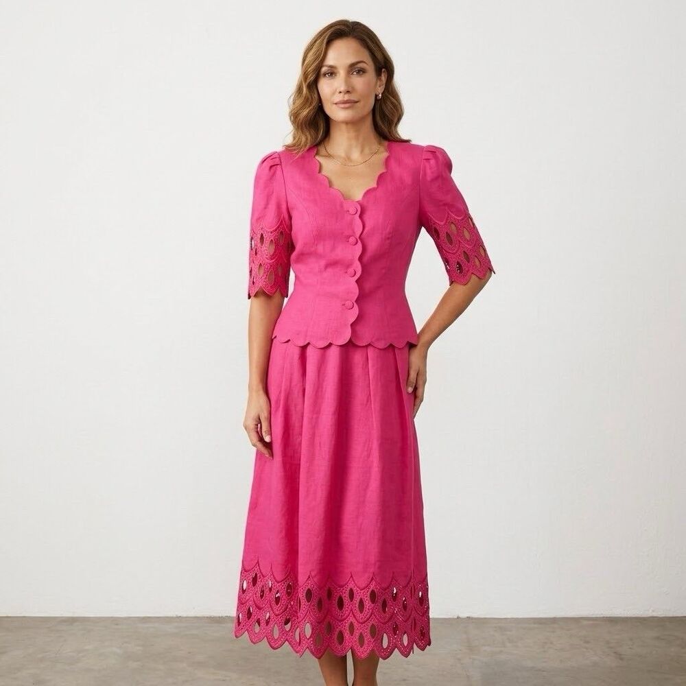 Vtg Cloak of Many Colors 100% Linen Hot Pink Skirt Suit Set Scallop Eyelet 6 80s
